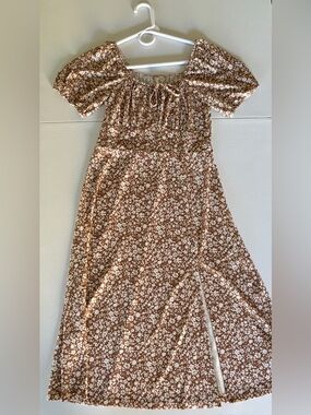 Brown Floral Puff Sleeve Dress Small Cottagecore Boho Slit